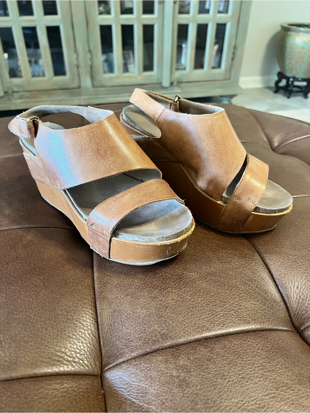 Brown Leather Comfort Wedge Sandals Slingback Platform Casual Shoes Women’s